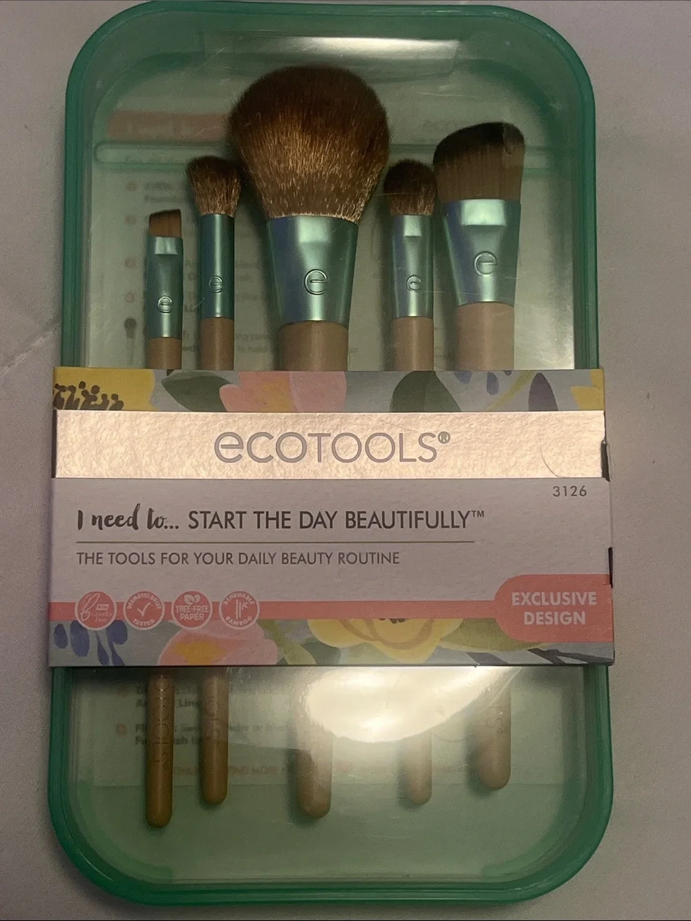 ecotools Teal and Natural Wood 5-Piece Makeup Brush Set NWT